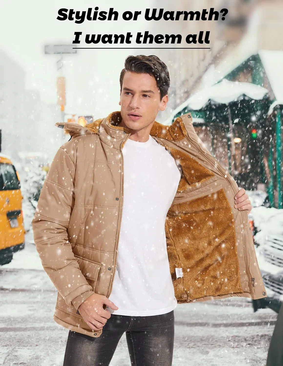 MAGCOMSEN Men's Fleece Lined Parka Jacket Hooded Puffer Jacket Warm Winter Coat Thicken Fur Jackets Windproof Coats