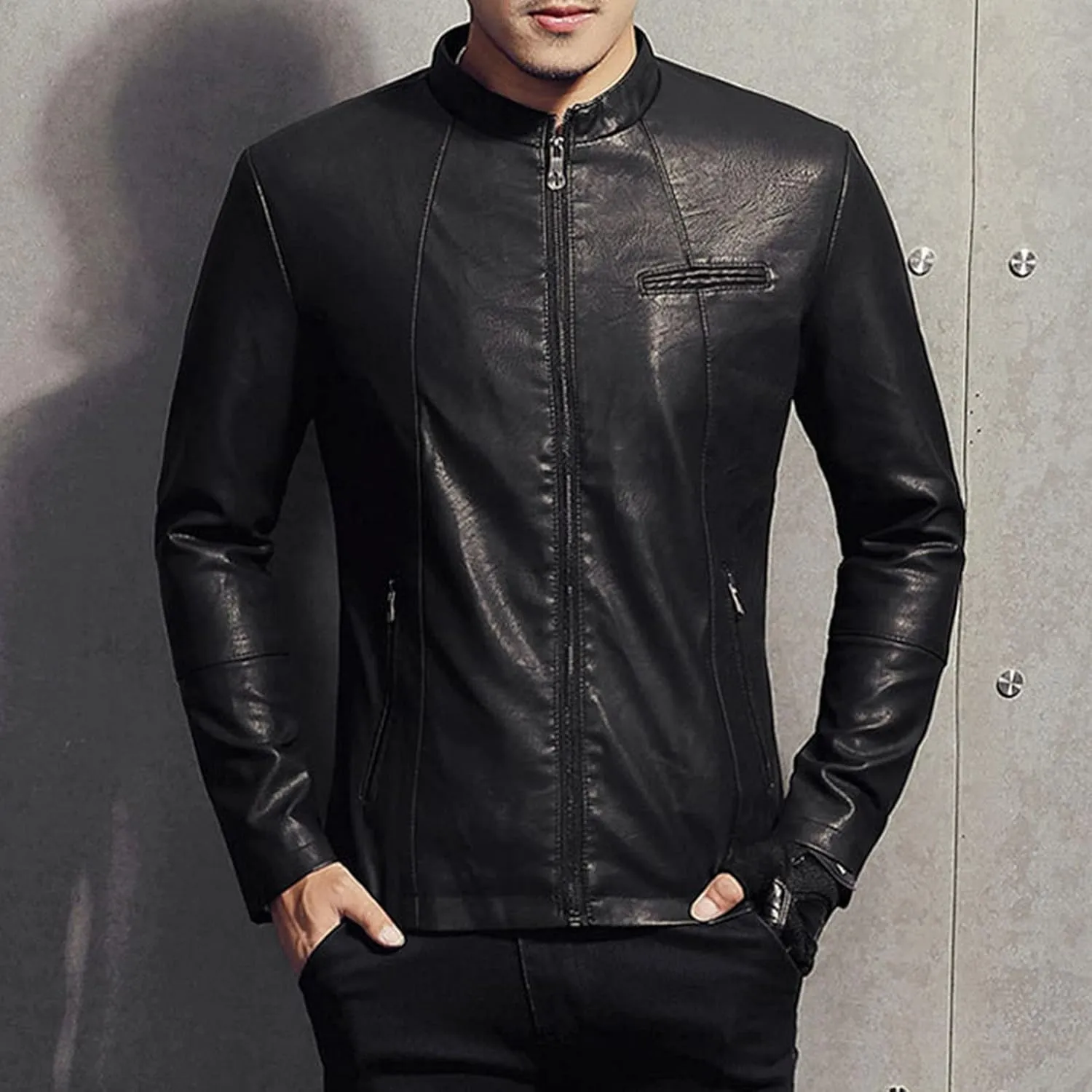 Maiyifu-GJ Men's Faux Leather Lambskin Biker Jacket Winter Warm Motorcycle Outwear Fleece Lined PU Leather Full Zip Jackets