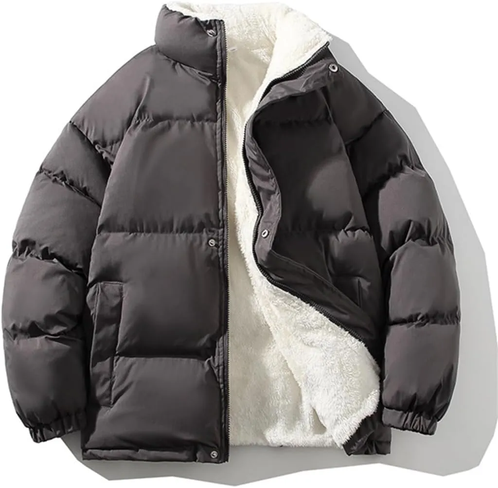 Men Fall Winter Cotton Padded Jacket Coat Thickened Loose Standing Collar Flannel Lining Wadded Jacket