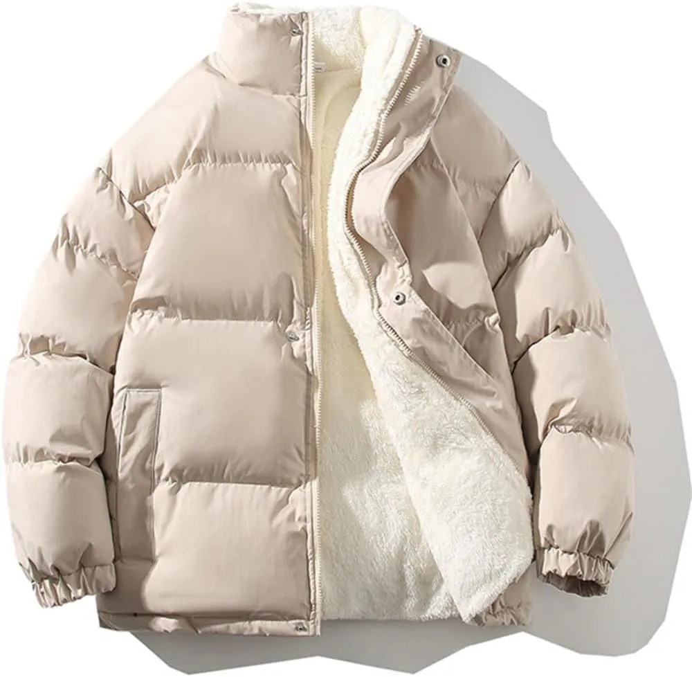 Men Fall Winter Cotton Padded Jacket Coat Thickened Loose Standing Collar Flannel Lining Wadded Jacket