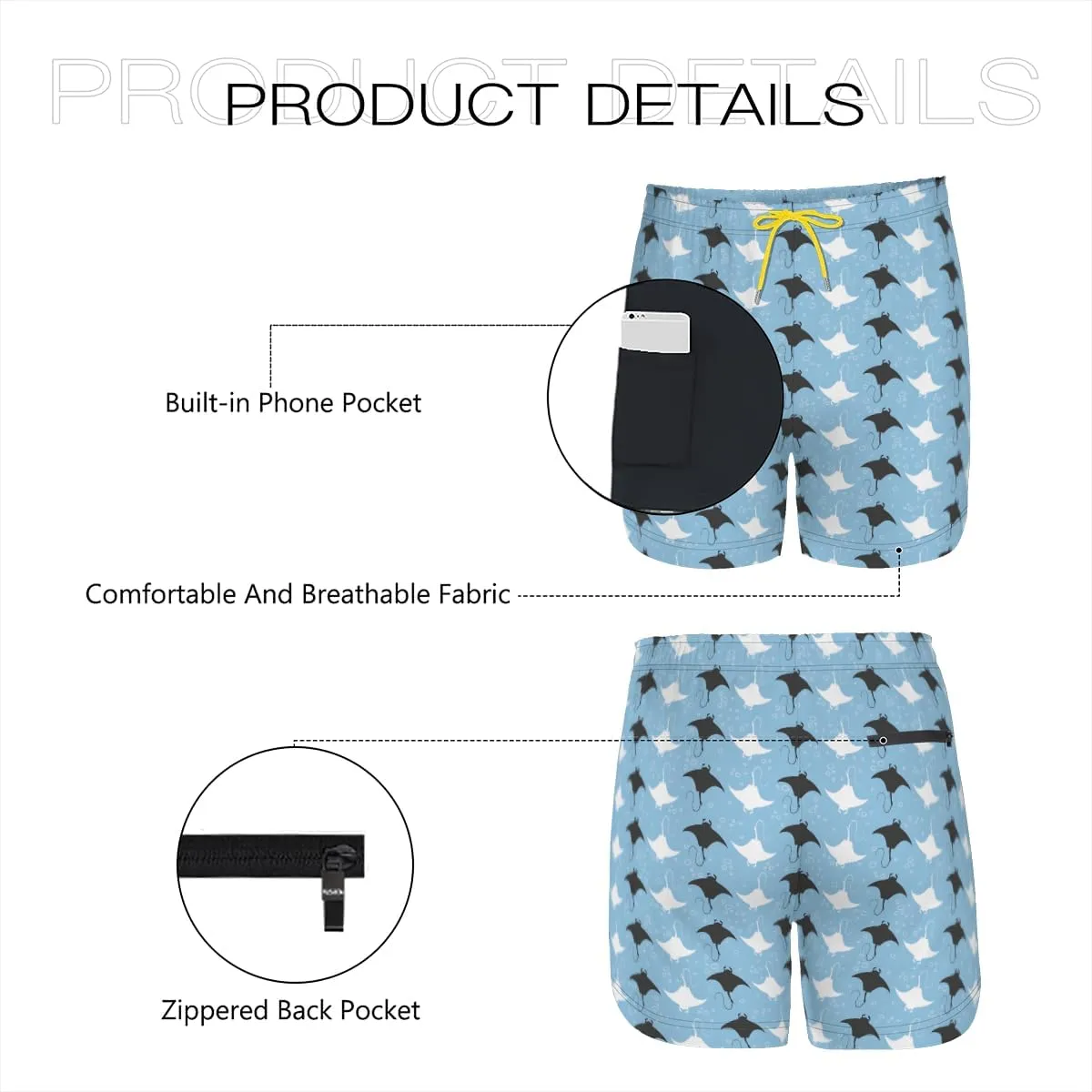 Men's Beach Volleyball Shorts Manta Ray Patterned Aqua Shorts Comfortable Fit Casual Daily Wear