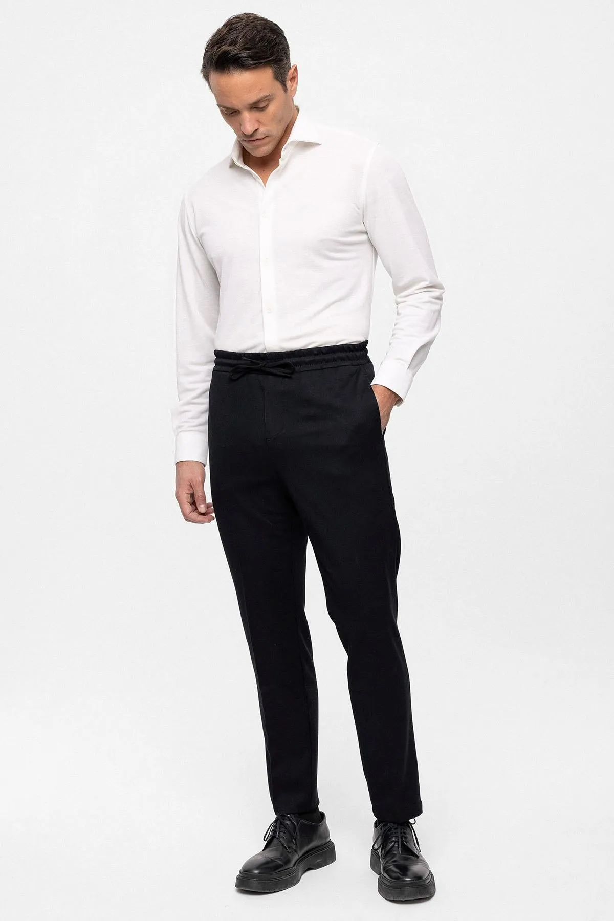 Men's Black Elastic High Waist  Trousers - Wessi