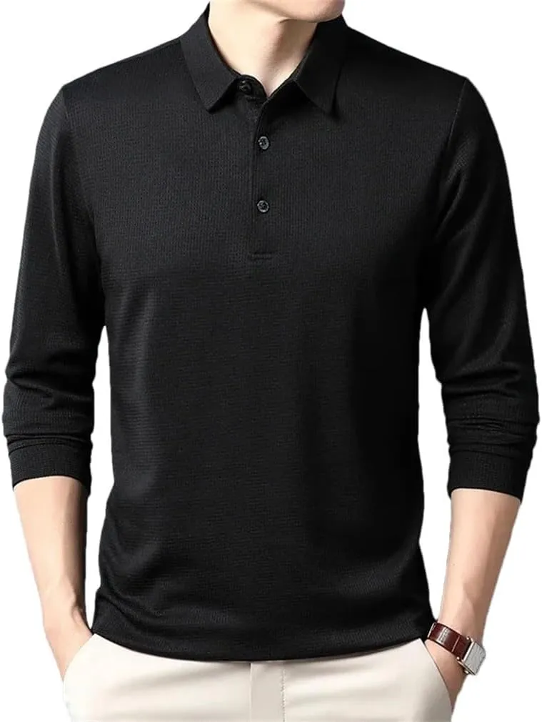 Men's Business Casual Polo Shirt Long Sleeve T-Shirt Spring Comfortable Solid Cotton Shirt Tops