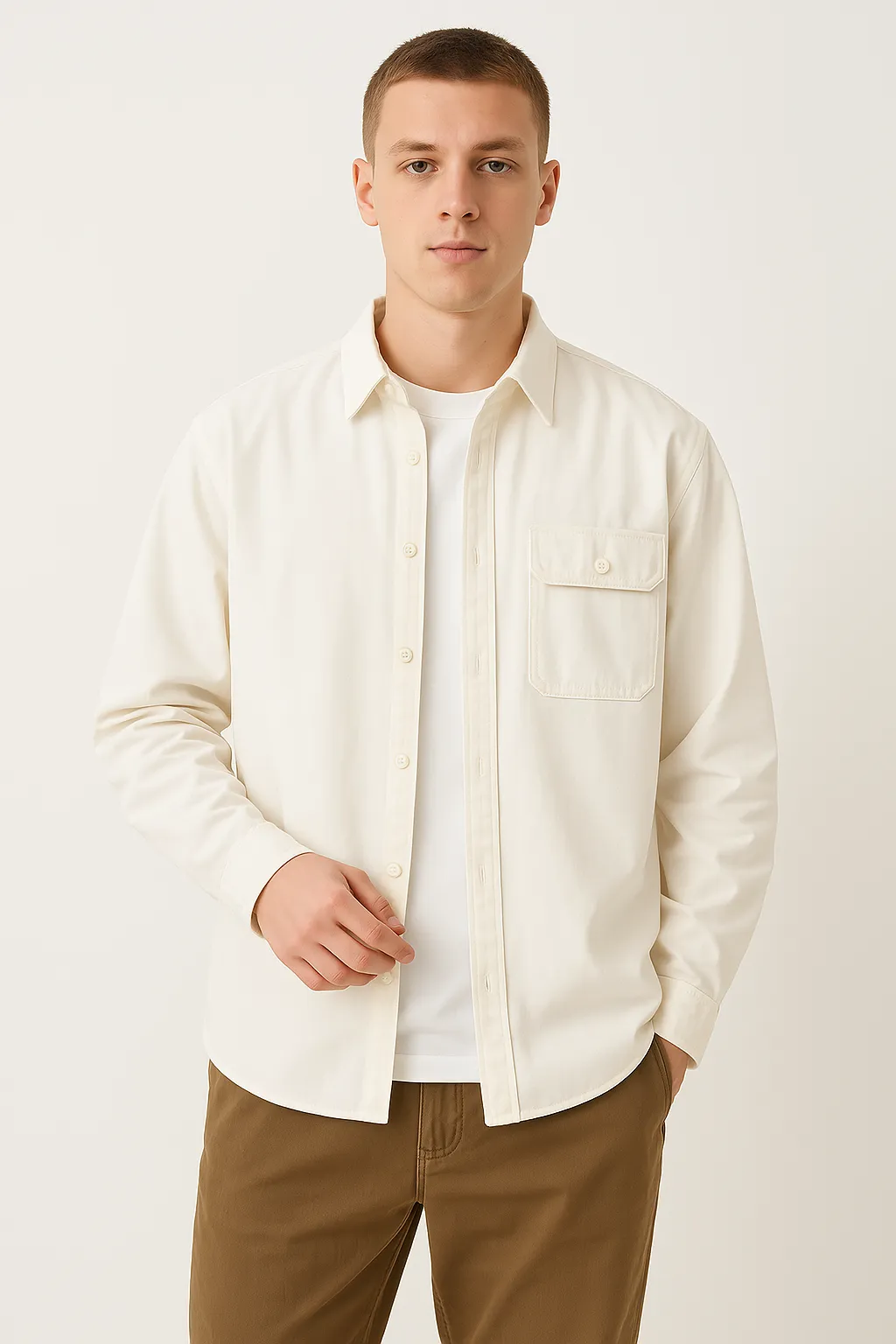 Mens Button-Down Shirt  100% Cotton  Relaxed Fit  Long Sleeve Chest Pocket
