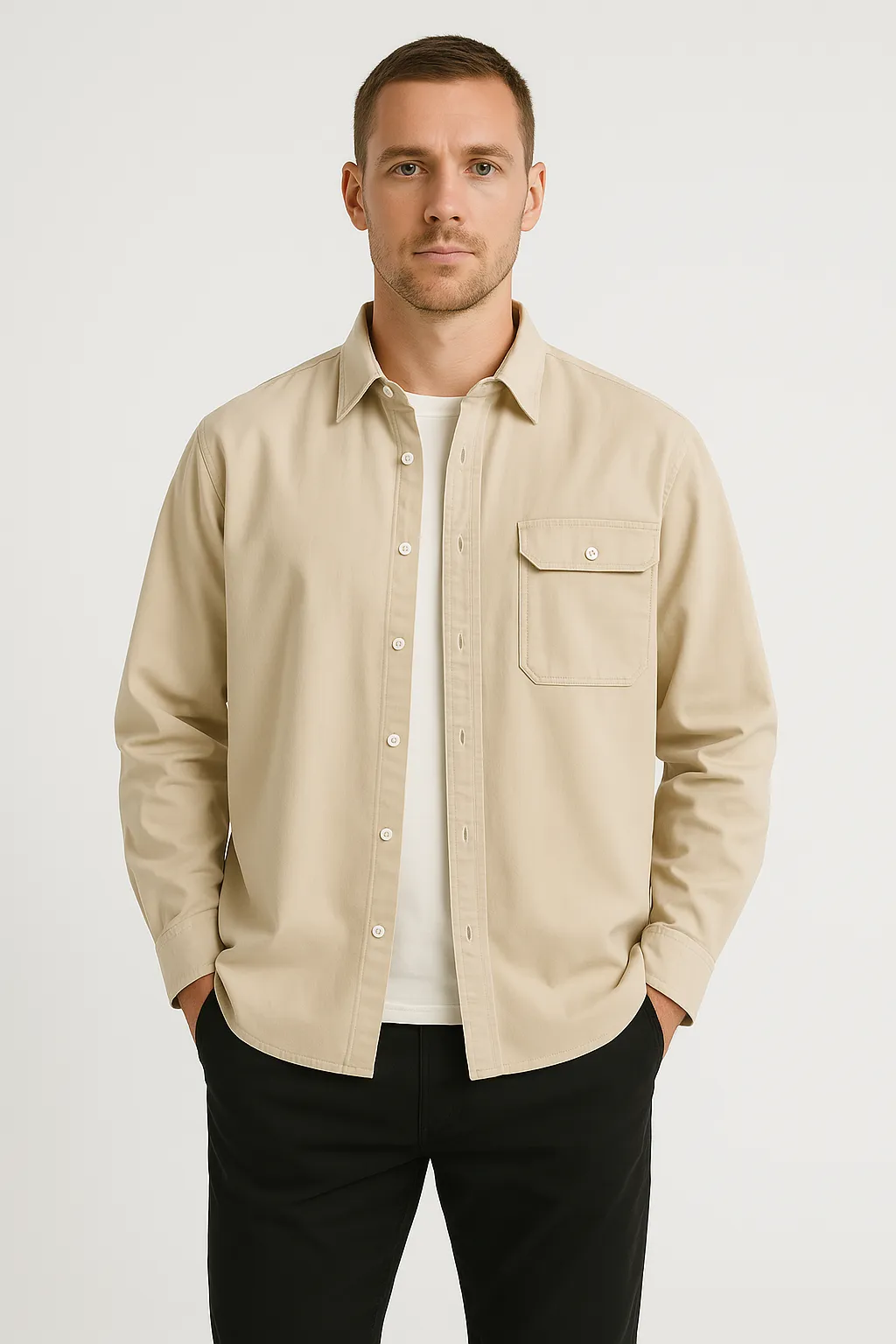 Mens Button-Down Shirt  100% Cotton  Relaxed Fit  Long Sleeve Chest Pocket