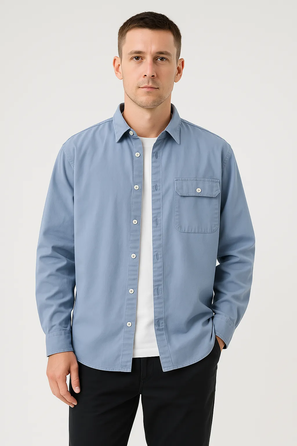 Mens Button-Down Shirt  100% Cotton  Relaxed Fit  Long Sleeve Chest Pocket