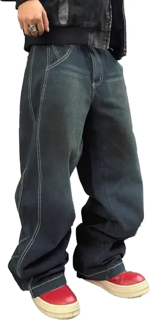 Mens Irregular Sutures Baggy Jeans with Angled Pocket Y2k Hip Hop Wide Leg Denim Pants