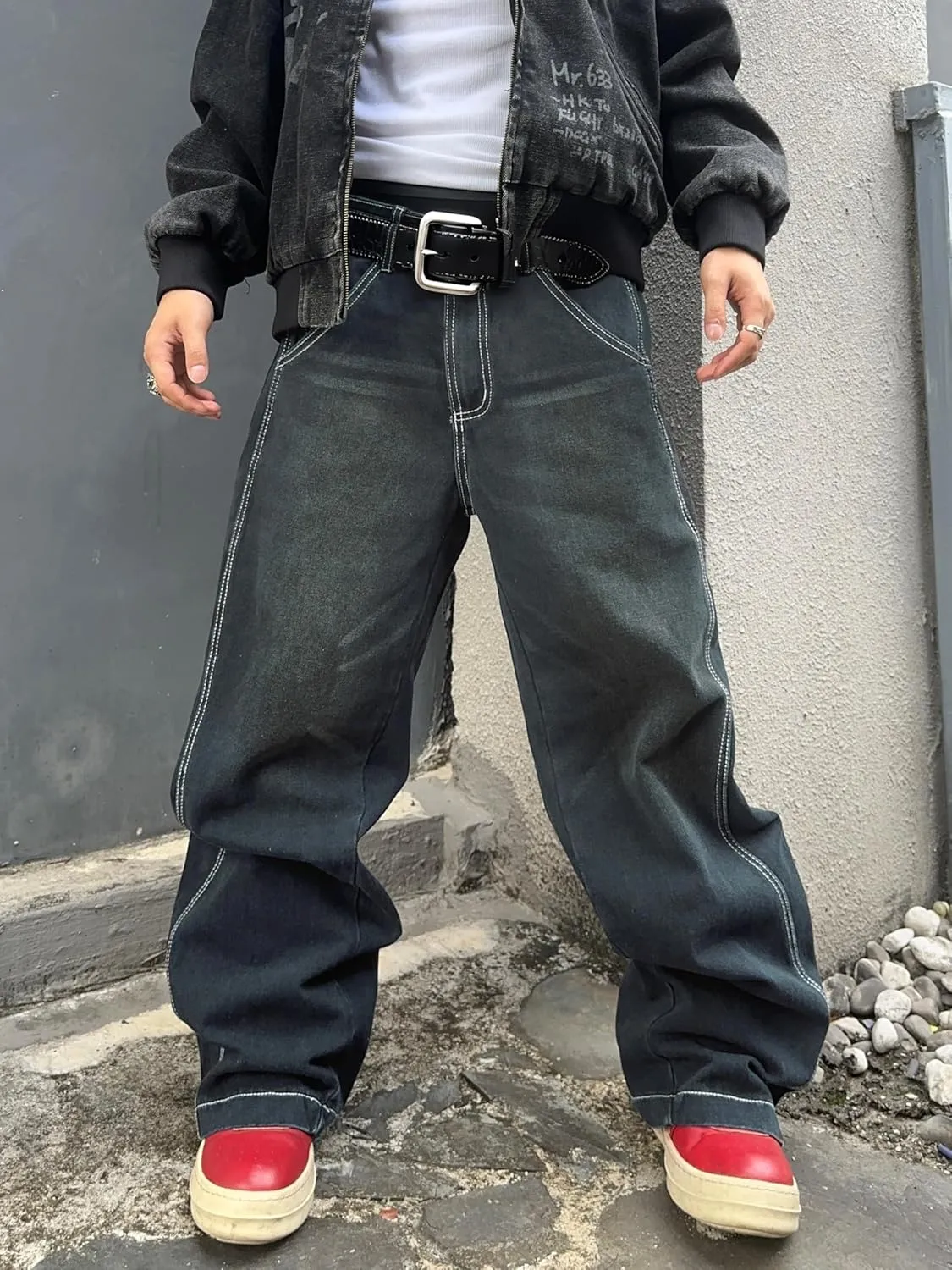 Mens Irregular Sutures Baggy Jeans with Angled Pocket Y2k Hip Hop Wide Leg Denim Pants