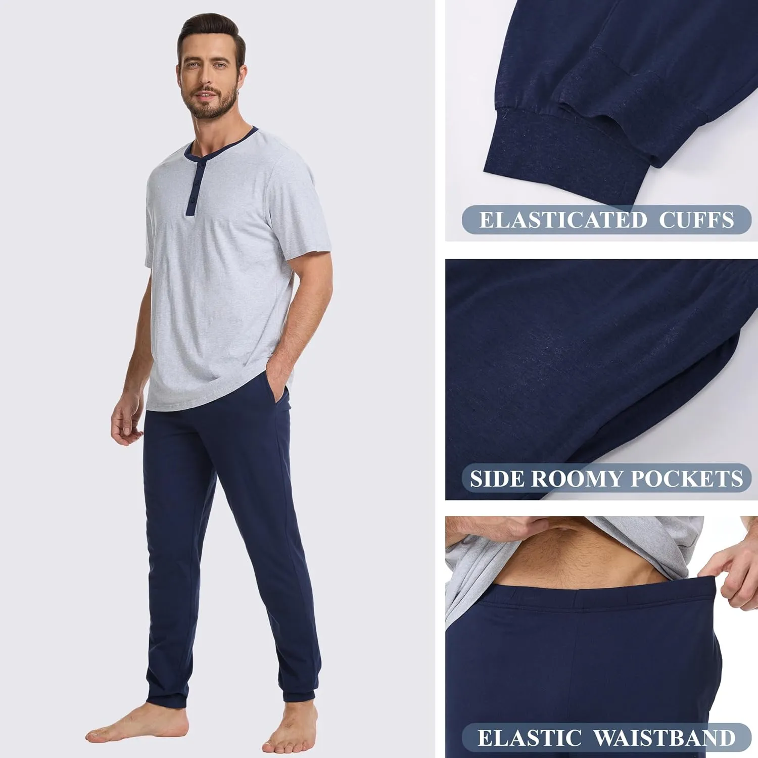 Men's Pajama Set with Henley Neckline 100% Cotton Soft and Comfortable Nightwear 2-Piece Lounge Set