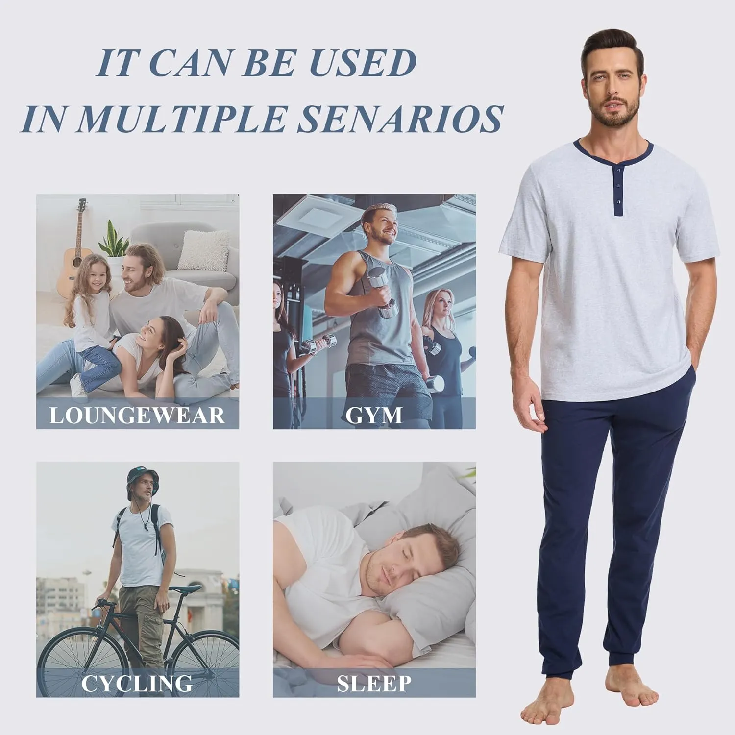 Men's Pajama Set with Henley Neckline 100% Cotton Soft and Comfortable Nightwear 2-Piece Lounge Set