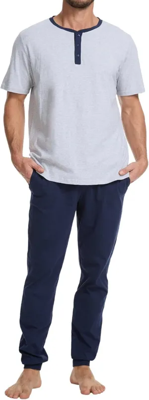 Men's Pajama Set with Henley Neckline 100% Cotton Soft and Comfortable Nightwear 2-Piece Lounge Set