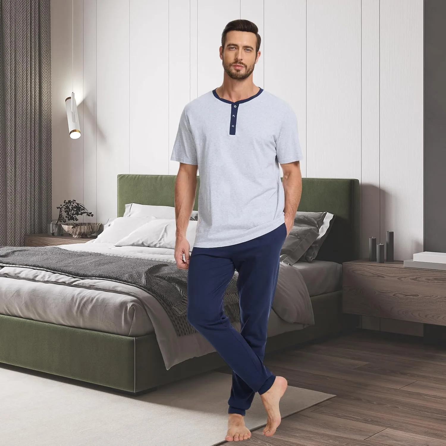 Men's Pajama Set with Henley Neckline 100% Cotton Soft and Comfortable Nightwear 2-Piece Lounge Set