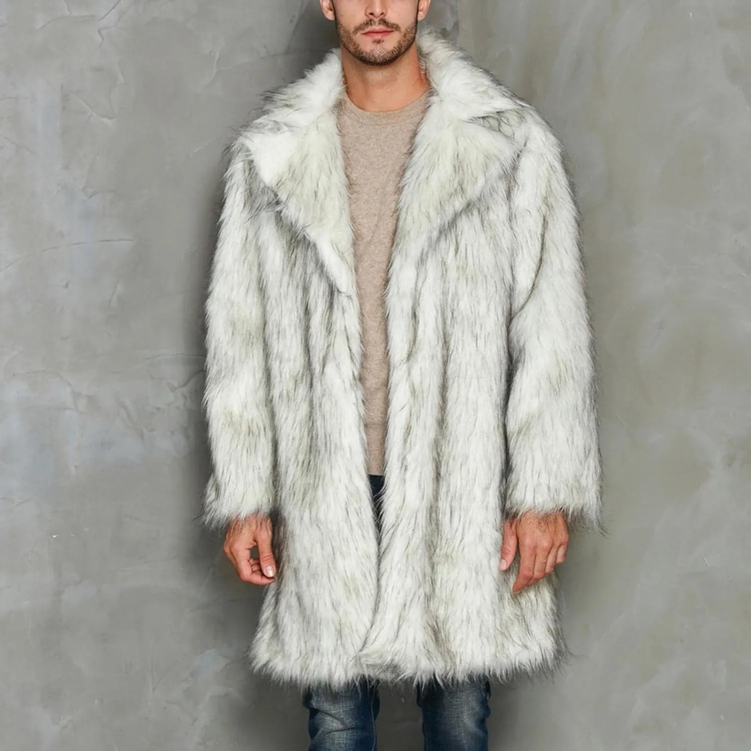 Men's White Faux Fur Coats Open Front Winter Warm Long Jackets Fleece Thick Plus Size Fashion Cardigan Mink Coat