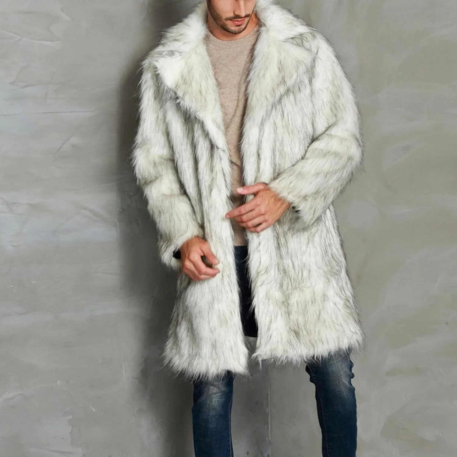 Men's White Faux Fur Coats Open Front Winter Warm Long Jackets Fleece Thick Plus Size Fashion Cardigan Mink Coat