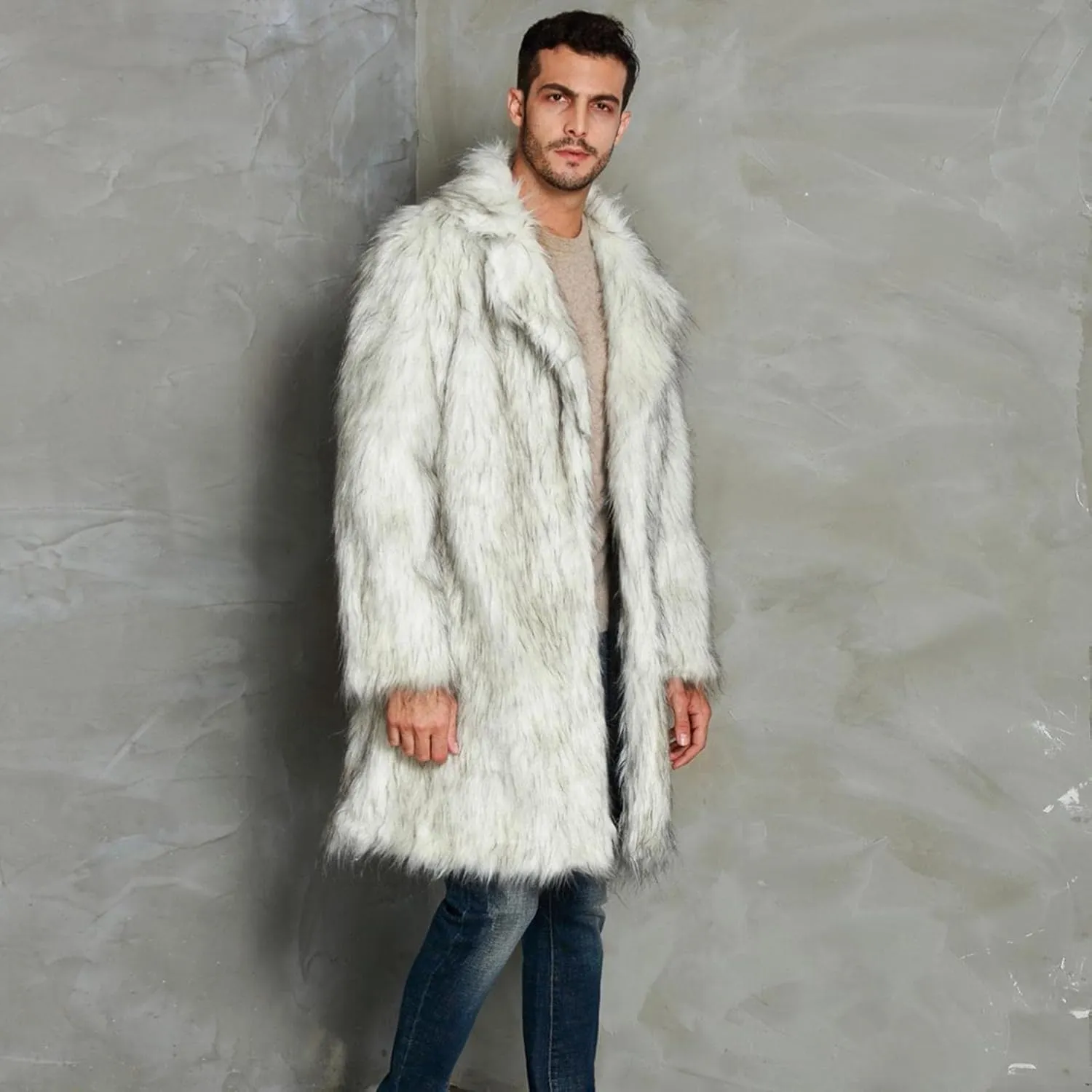 Men's White Faux Fur Coats Open Front Winter Warm Long Jackets Fleece Thick Plus Size Fashion Cardigan Mink Coat