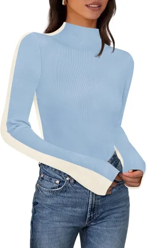 MEROKEETY Women's 2025 Fall Mock Neck Lightweight Pullover Sweater Fitted Ribbed Long Sleeve Color Block Knit Tee Shirt Tops