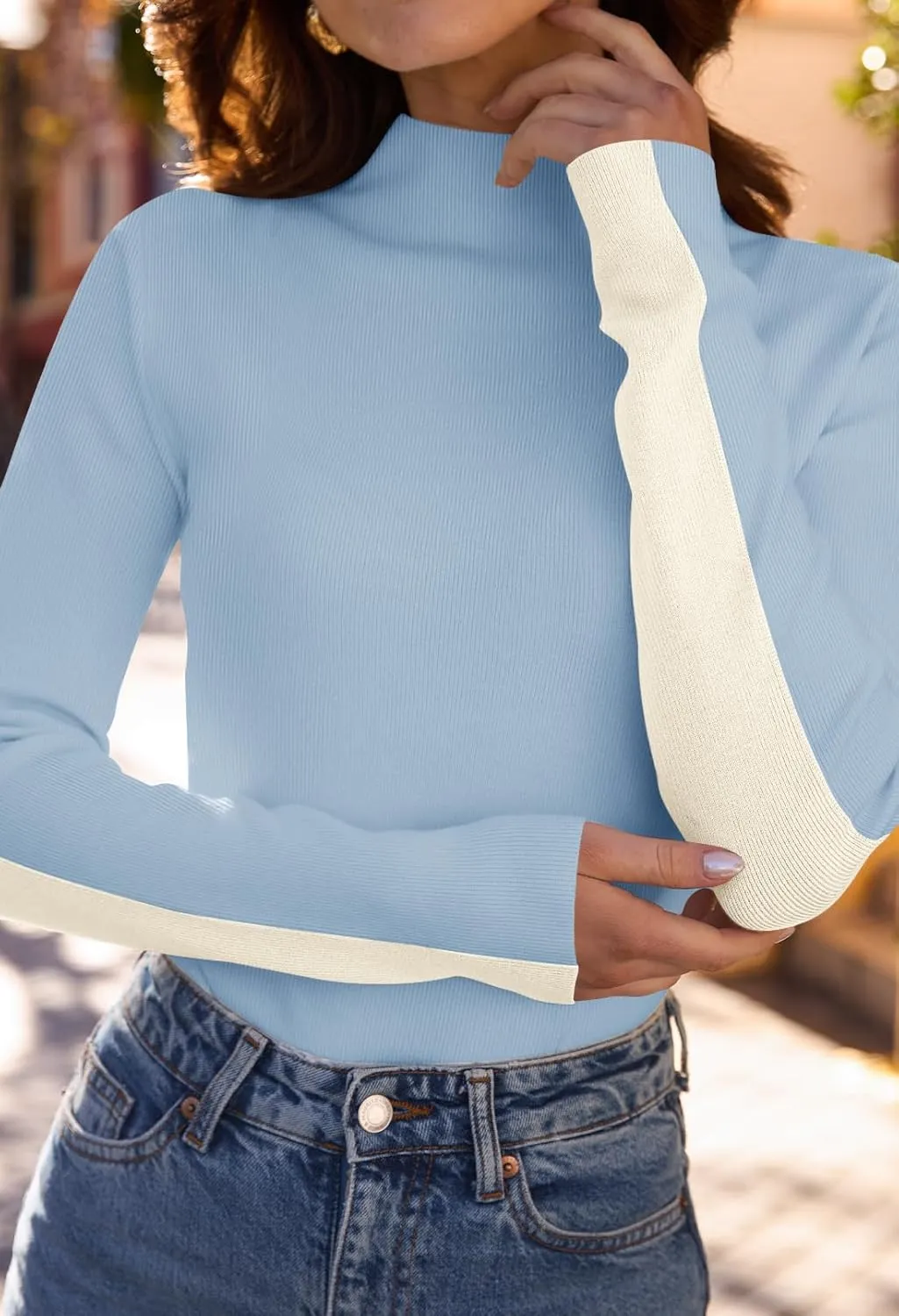 MEROKEETY Women's 2025 Fall Mock Neck Lightweight Pullover Sweater Fitted Ribbed Long Sleeve Color Block Knit Tee Shirt Tops