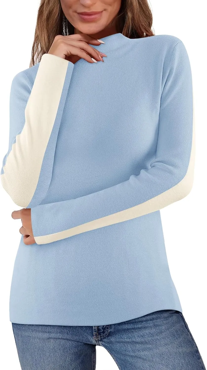 MEROKEETY Women's 2025 Fall Mock Neck Lightweight Pullover Sweater Fitted Ribbed Long Sleeve Color Block Knit Tee Shirt Tops