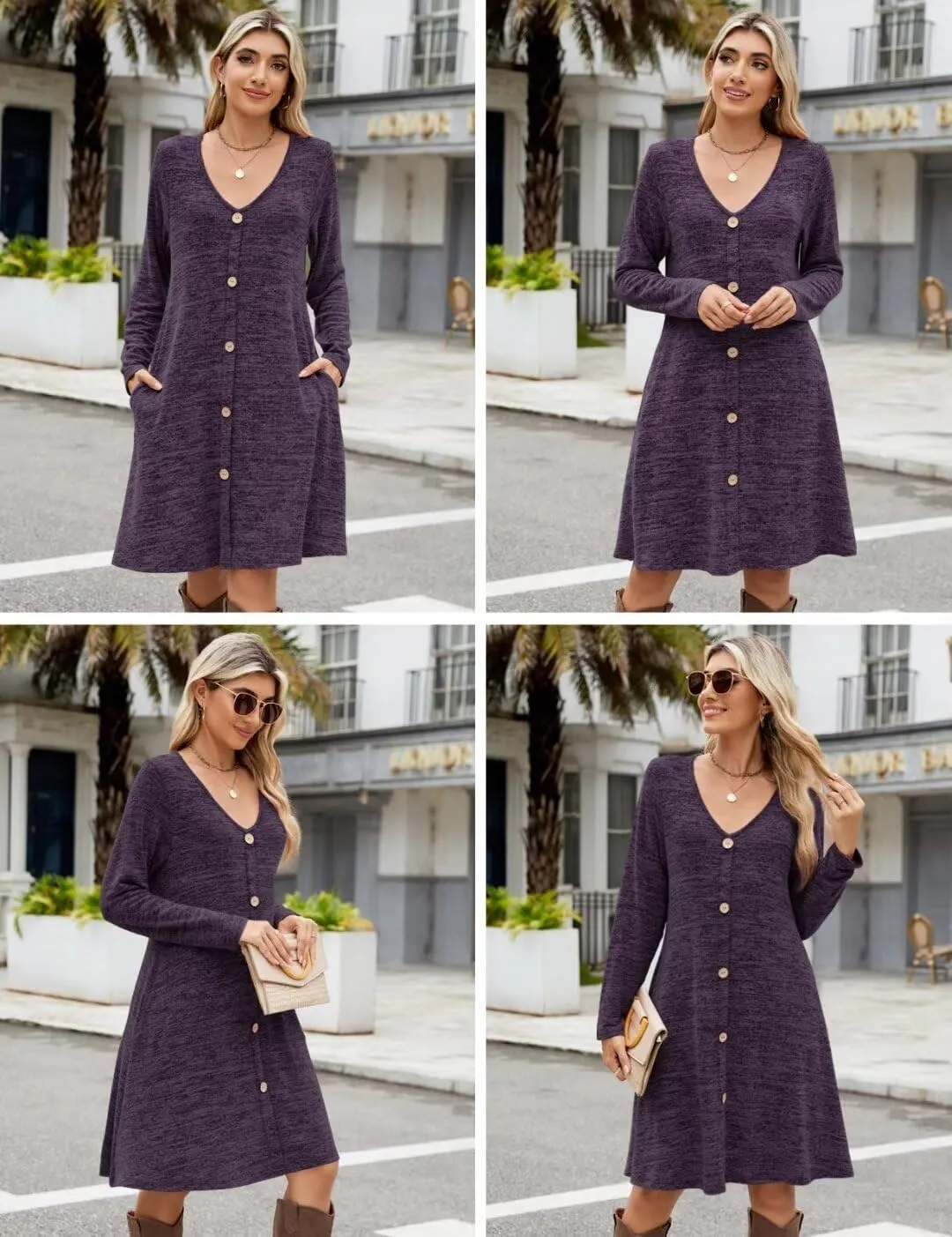 MONNURO Womens Plus Size Dresses Casual Swing Tunic Dress V Neck Button Lightweight Sweaters Dress Pockets