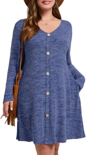 MONNURO Womens Plus Size Dresses Casual Swing Tunic Dress V Neck Button Lightweight Sweaters Dress Pockets