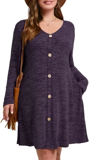 MONNURO Womens Plus Size Dresses Casual Swing Tunic Dress V Neck Button Lightweight Sweaters Dress Pockets