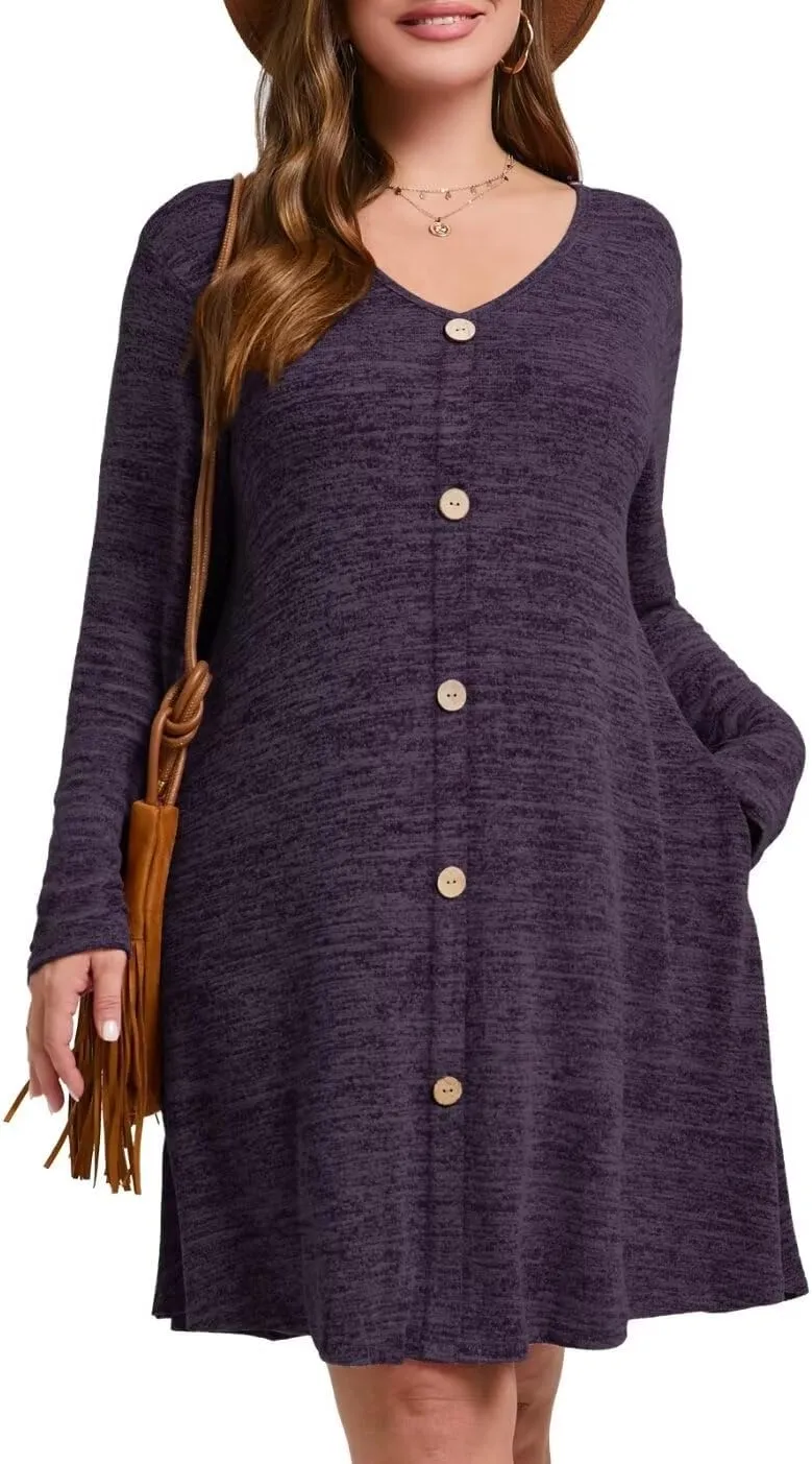 MONNURO Womens Plus Size Dresses Casual Swing Tunic Dress V Neck Button Lightweight Sweaters Dress Pockets