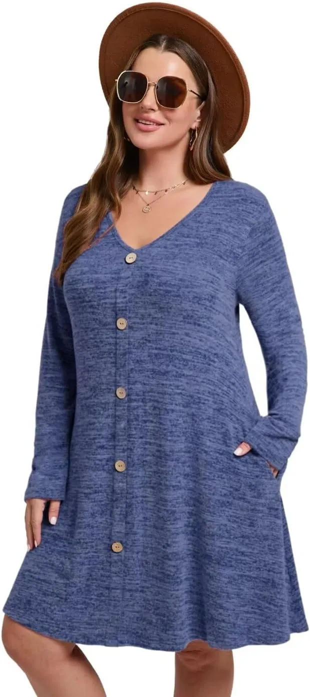 MONNURO Womens Plus Size Dresses Casual Swing Tunic Dress V Neck Button Lightweight Sweaters Dress Pockets