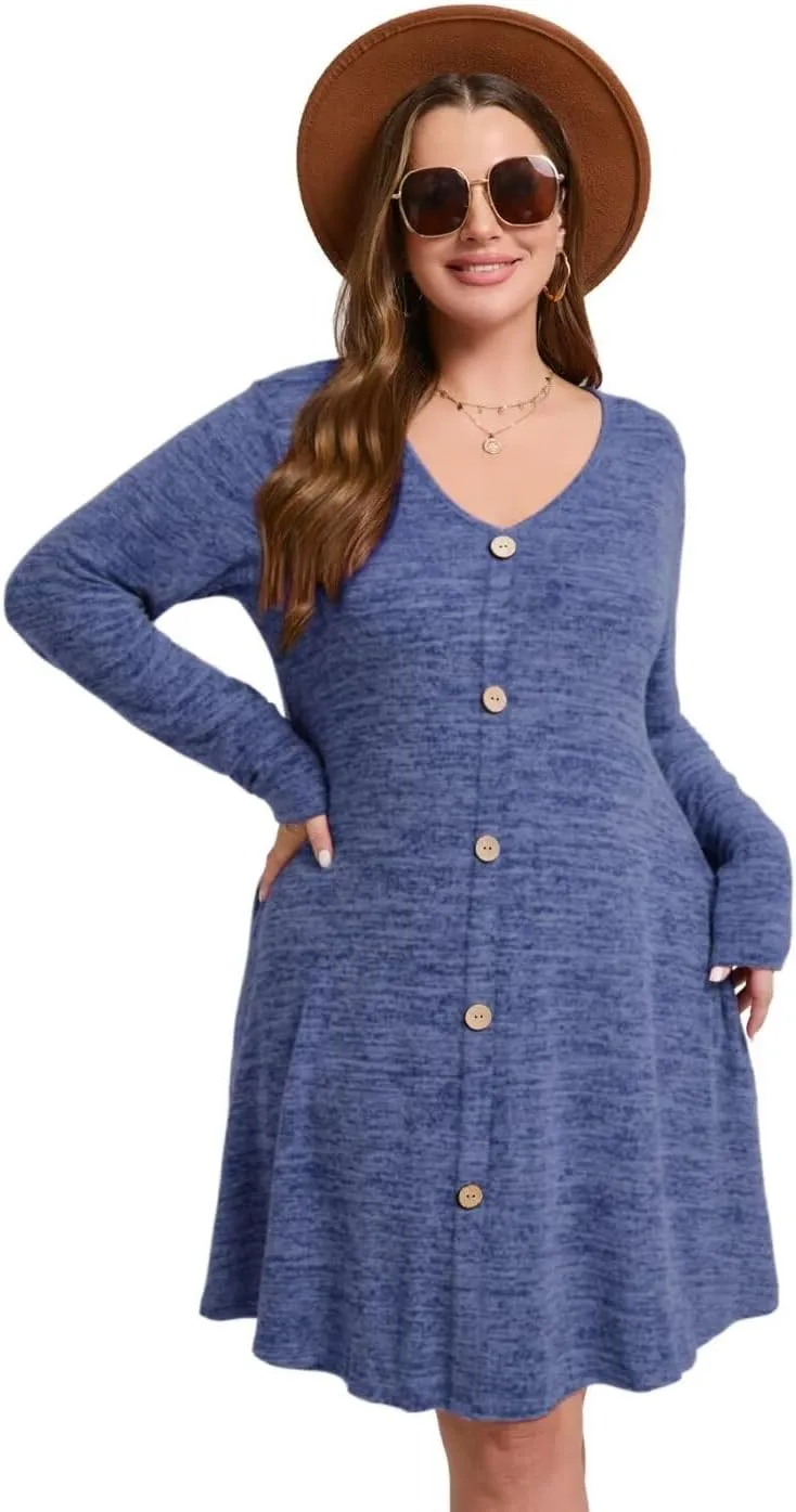 MONNURO Womens Plus Size Dresses Casual Swing Tunic Dress V Neck Button Lightweight Sweaters Dress Pockets