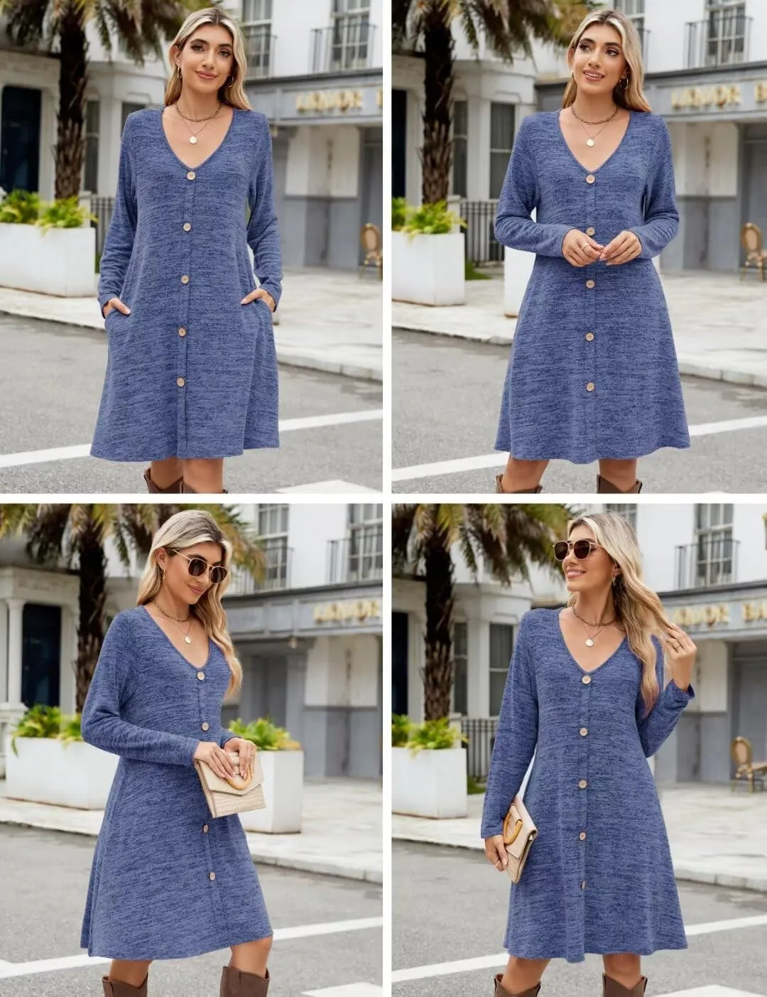 MONNURO Womens Plus Size Dresses Casual Swing Tunic Dress V Neck Button Lightweight Sweaters Dress Pockets