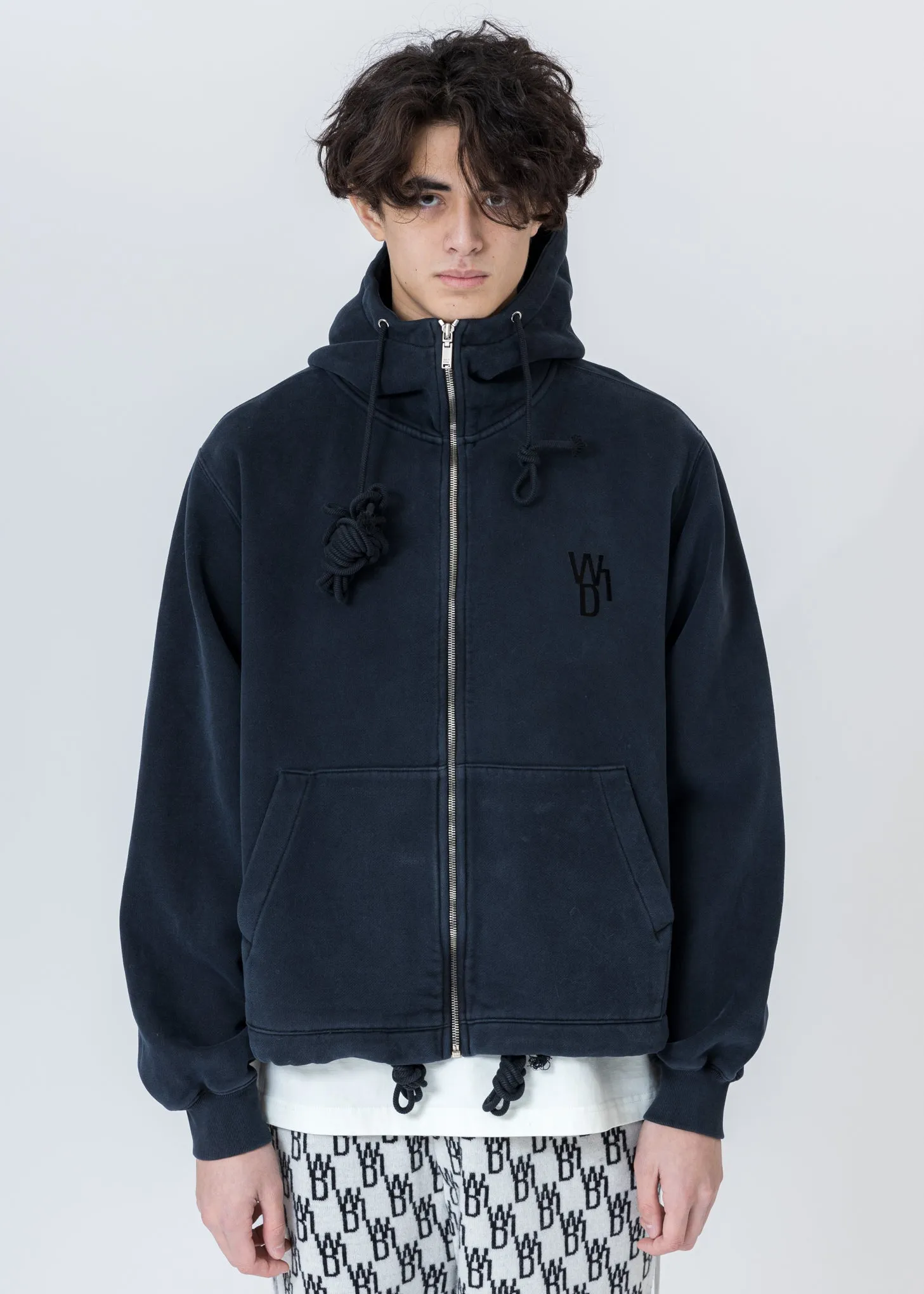 Navy Embroidered Teddy Zip-Up Hoodie