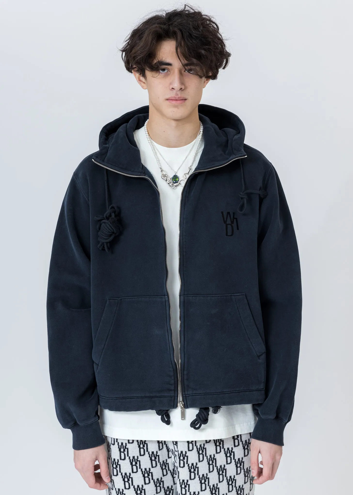 Navy Embroidered Teddy Zip-Up Hoodie
