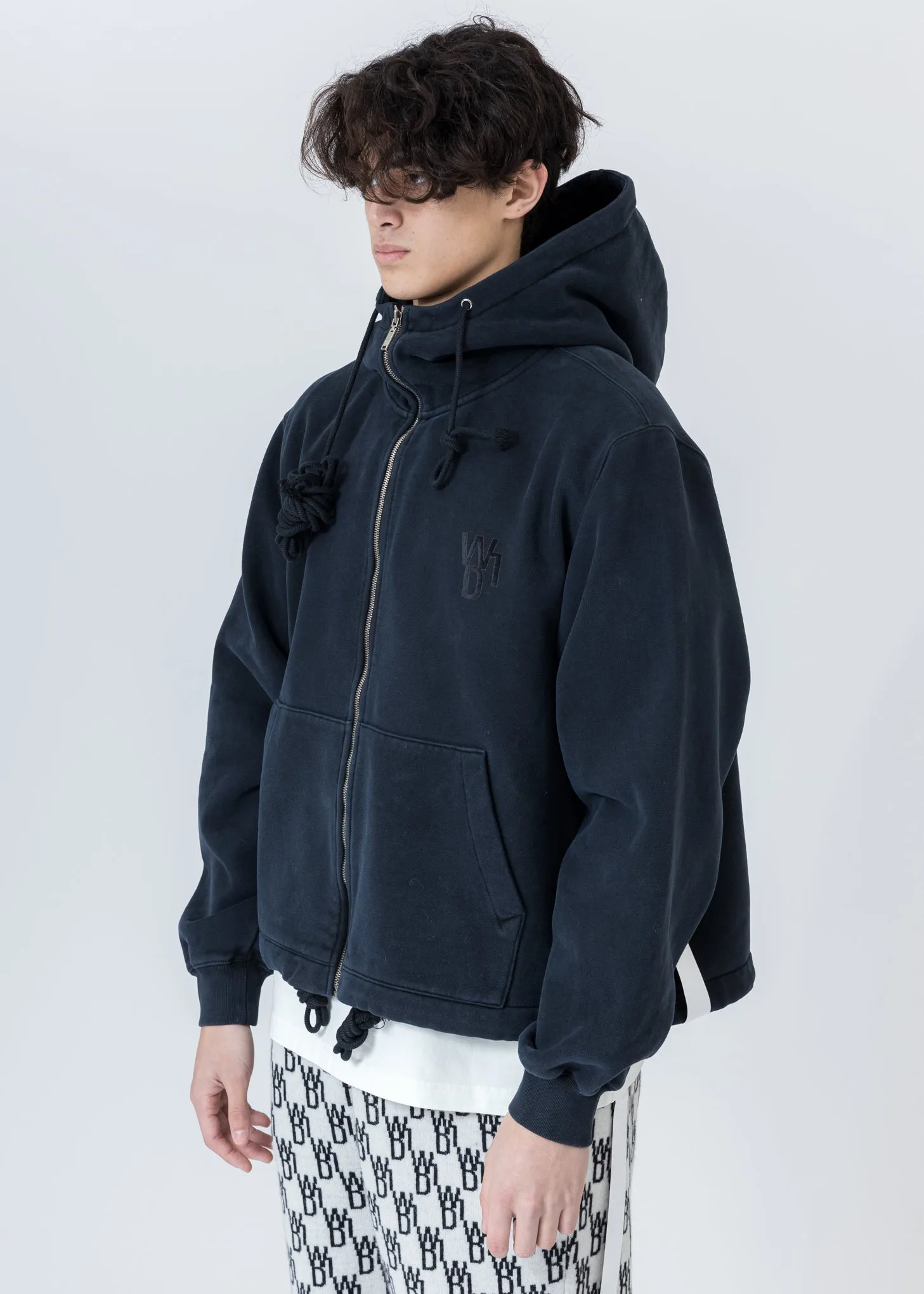 Navy Embroidered Teddy Zip-Up Hoodie