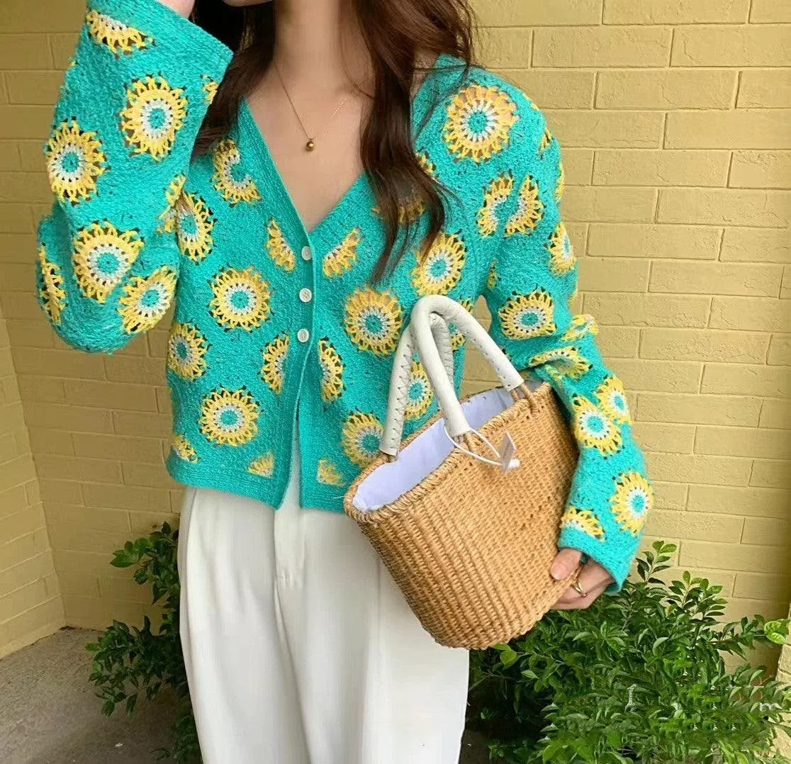 New Hollow-out Embroidered V-neck Knitwear Coat For Women Short Sweet All-matching Top