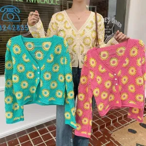New Hollow-out Embroidered V-neck Knitwear Coat For Women Short Sweet All-matching Top