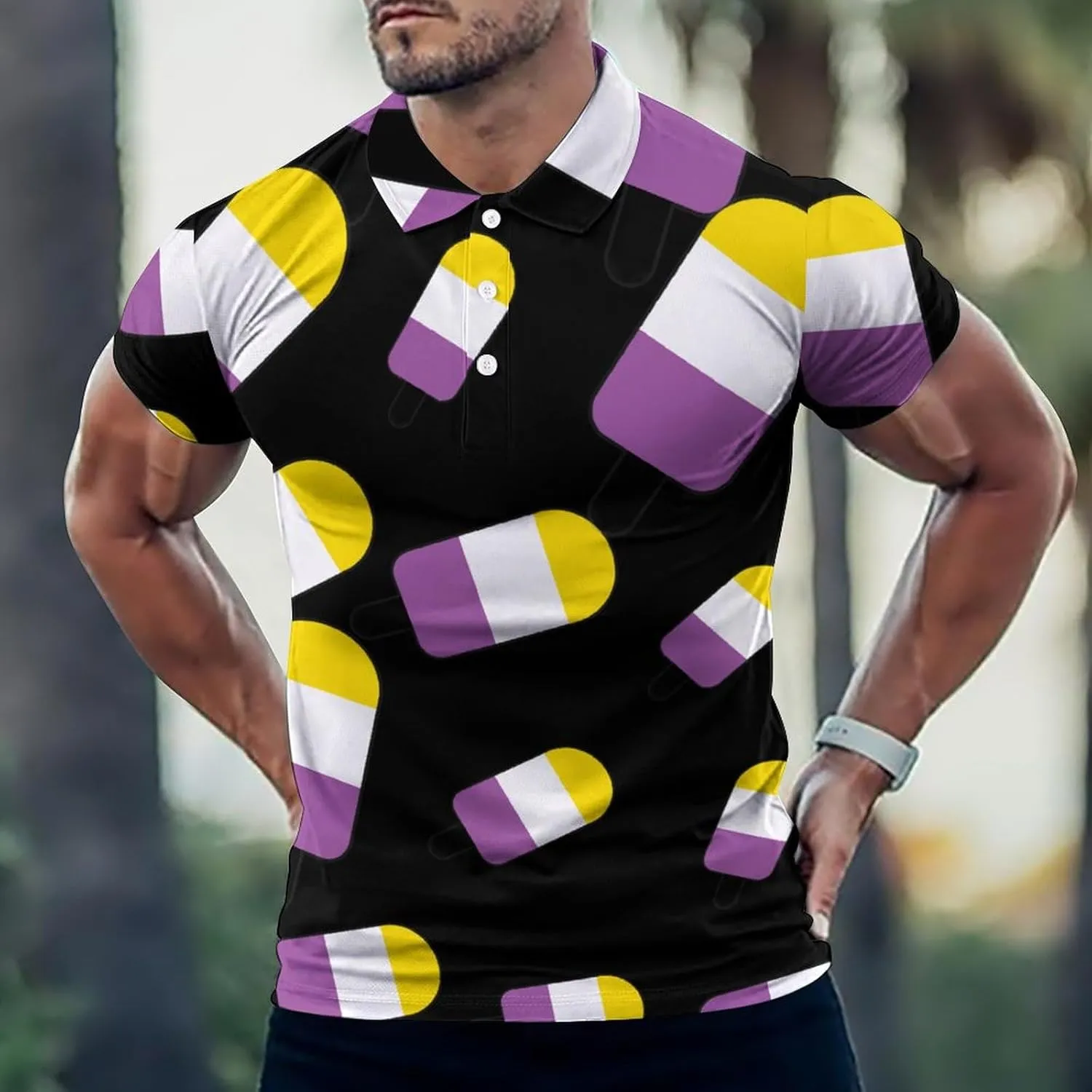 Non-Binary Flag Popsicles Mens Polo Shirts Quick Dry Short Sleeve T-shirts Slim Tennis Collared Tees Tops