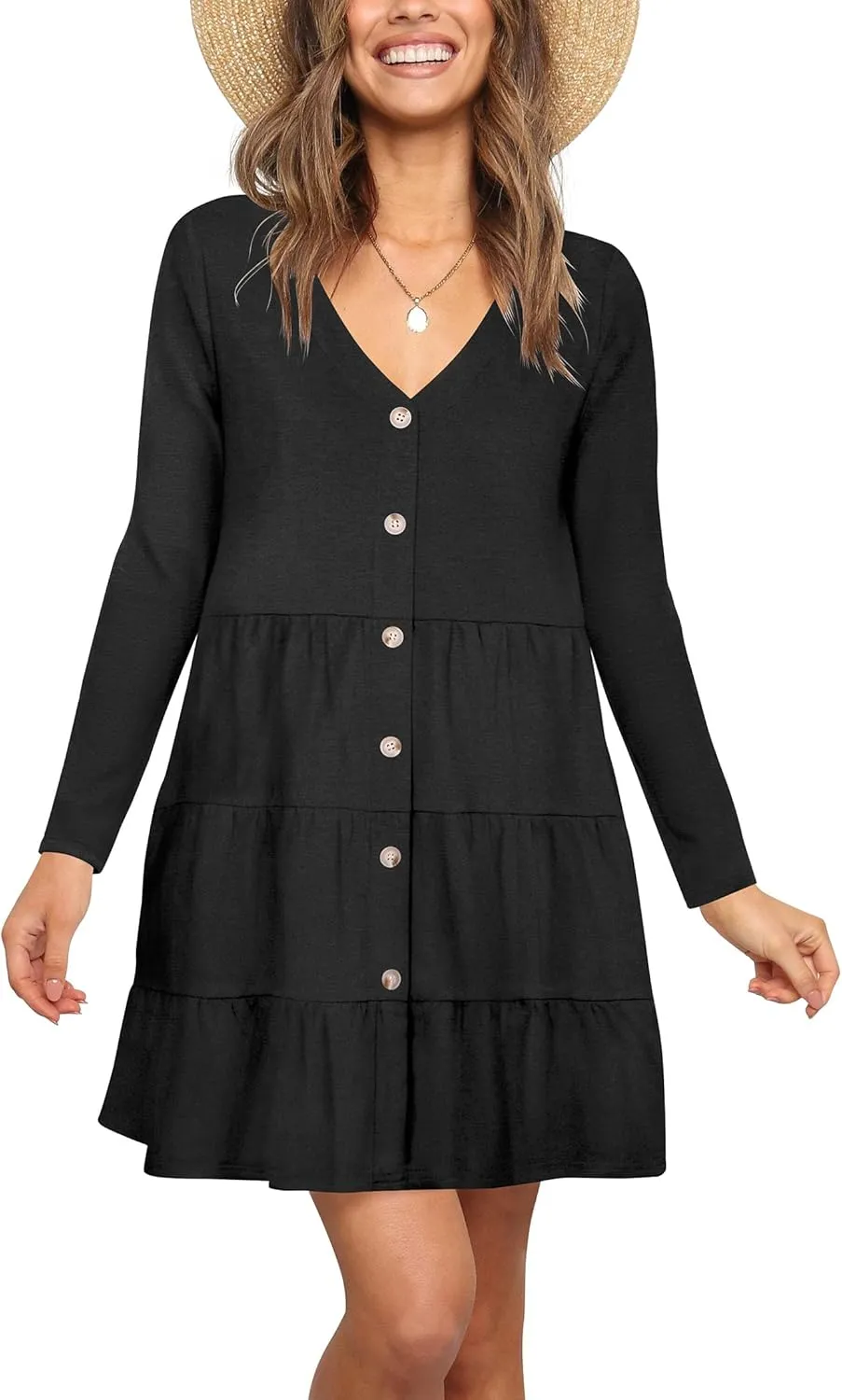 Nova In Sky Women's Summer Dresses 2025 Short Sleeve V-Neck Casual Loose Swing Button Down Casual T Shirt Dresses