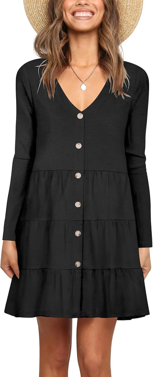 Nova In Sky Women's Summer Dresses 2025 Short Sleeve V-Neck Casual Loose Swing Button Down Casual T Shirt Dresses