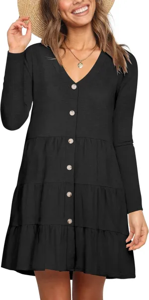 Nova In Sky Women's Summer Dresses 2025 Short Sleeve V-Neck Casual Loose Swing Button Down Casual T Shirt Dresses