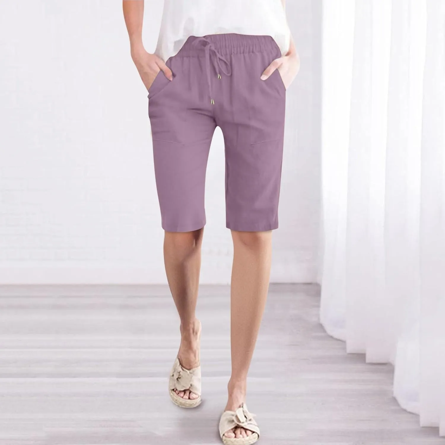 Otime Linen Pants 2025 Cotton Casual Summer with Pockets High Waist Lightweight Wide Leg Cut Shorts for Women