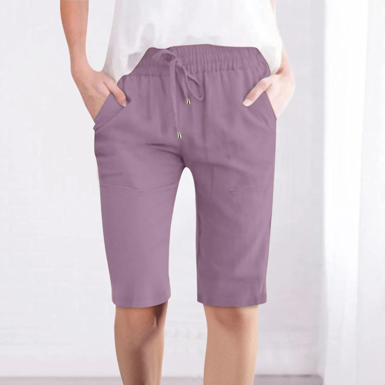 Otime Linen Pants 2025 Cotton Casual Summer with Pockets High Waist Lightweight Wide Leg Cut Shorts for Women