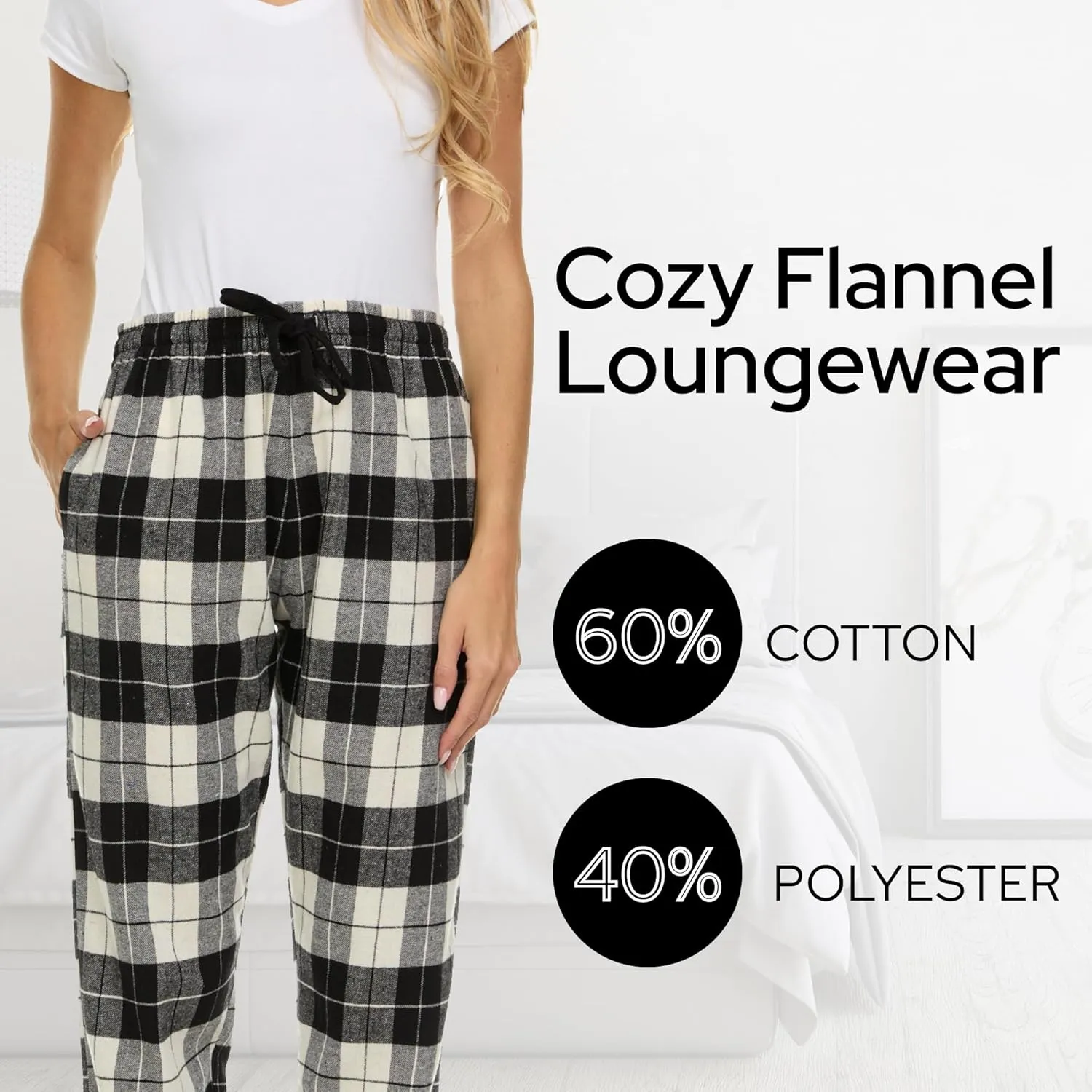 Pajama Bottoms for Women - 3 Pack Cotton Blend Flannel Plaid Lounge Pants, Comfortable PJ Pants