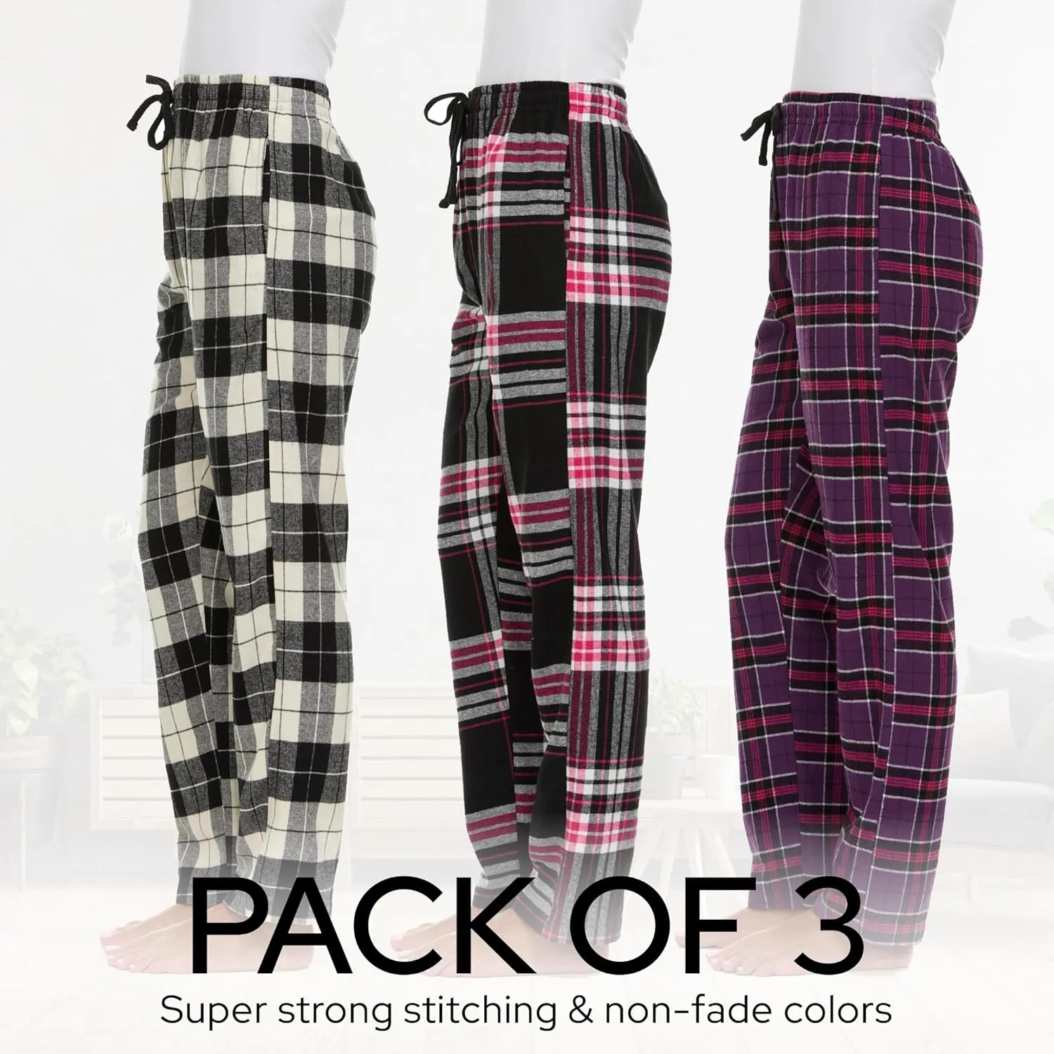 Pajama Bottoms for Women - 3 Pack Cotton Blend Flannel Plaid Lounge Pants, Comfortable PJ Pants