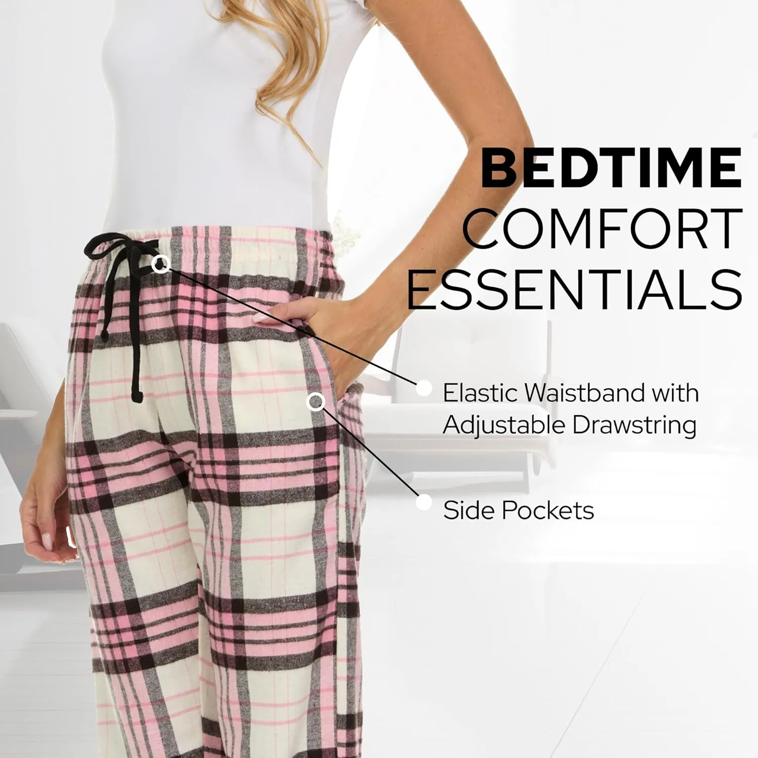 Pajama Bottoms for Women - 3 Pack Cotton Blend Flannel Plaid Lounge Pants, Comfortable PJ Pants