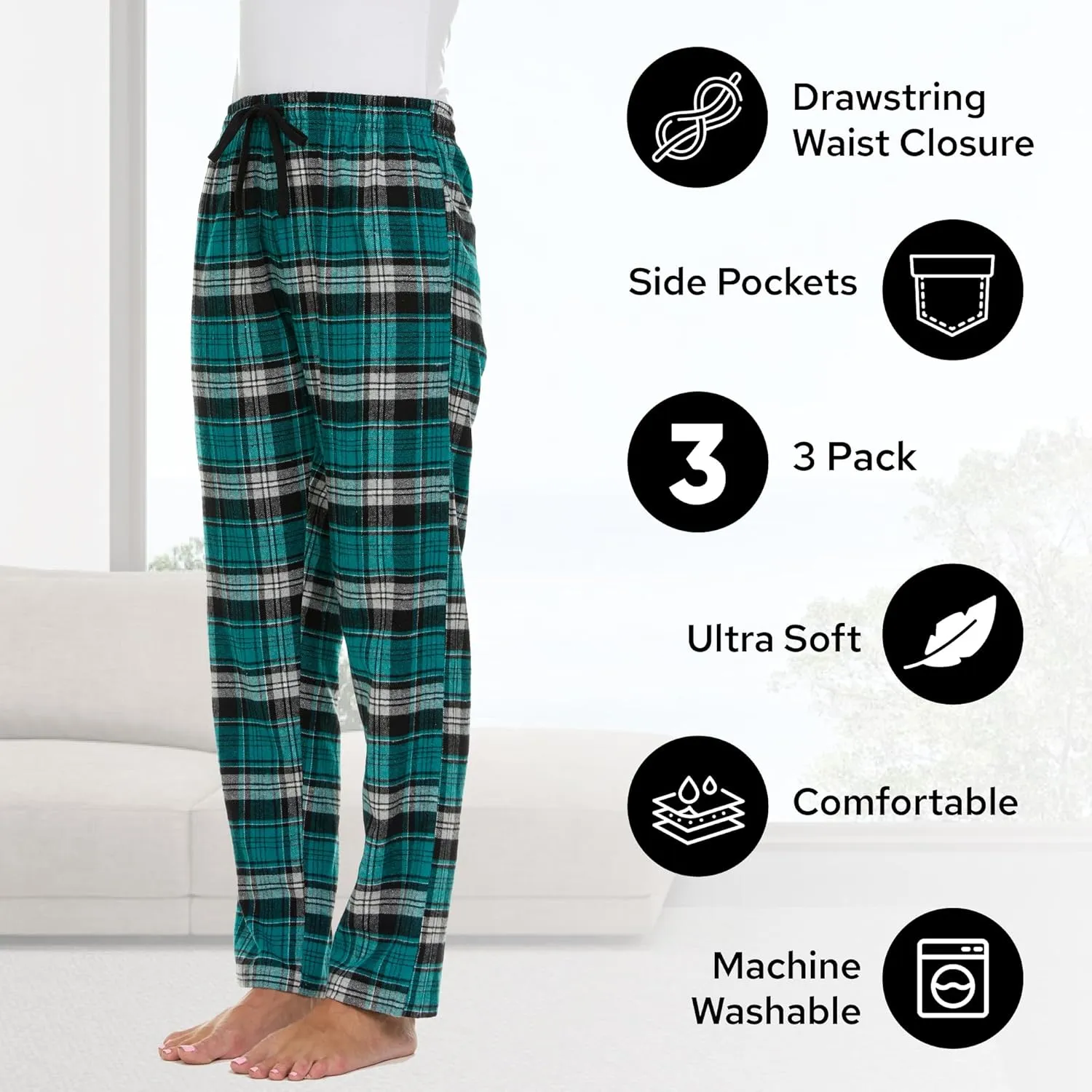 Pajama Bottoms for Women - 3 Pack Cotton Blend Flannel Plaid Lounge Pants, Comfortable PJ Pants
