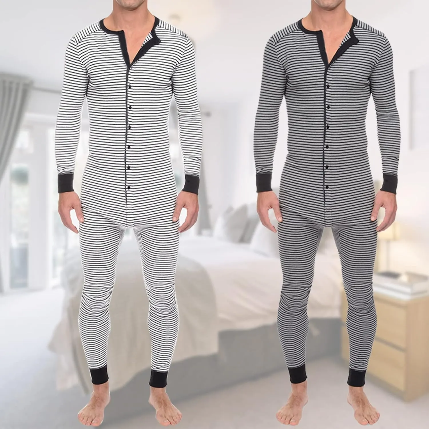 Panegy Men's Long Sleeve Comfortable One Piece Pajama Jumpsuit Stripped Henley Button Onesie Romper Novelty S-3XL