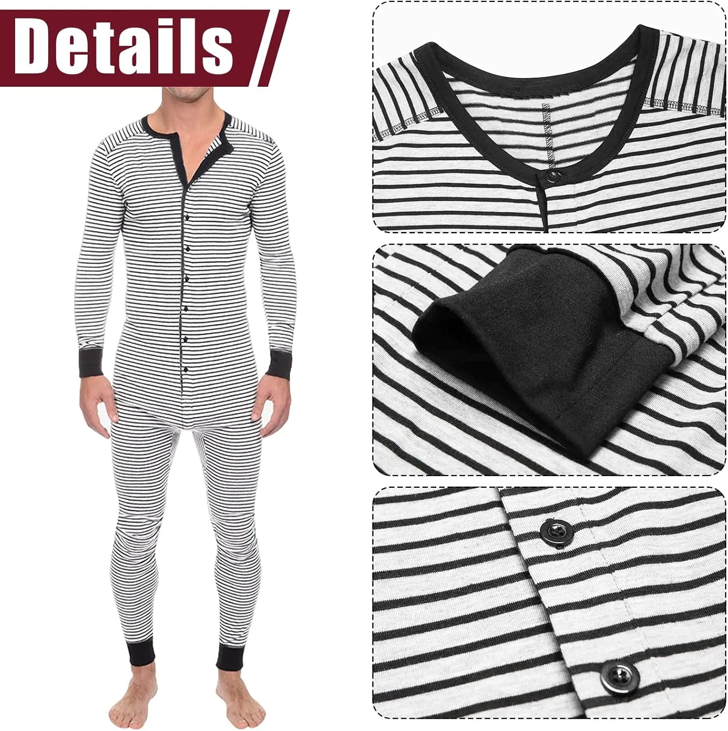 Panegy Men's Long Sleeve Comfortable One Piece Pajama Jumpsuit Stripped Henley Button Onesie Romper Novelty S-3XL