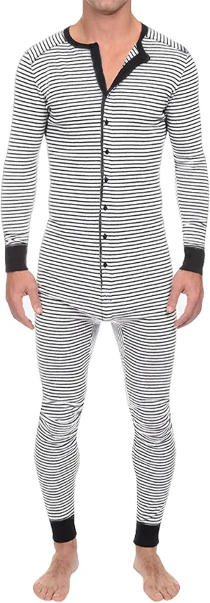 Panegy Men's Long Sleeve Comfortable One Piece Pajama Jumpsuit Stripped Henley Button Onesie Romper Novelty S-3XL