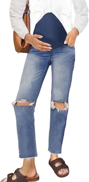 Peauty Maternity Ripped-Jeans Straight Leg Distressed Knee-Slit Comfortable Stretch Over The Belly Support Pregnancy-Pants