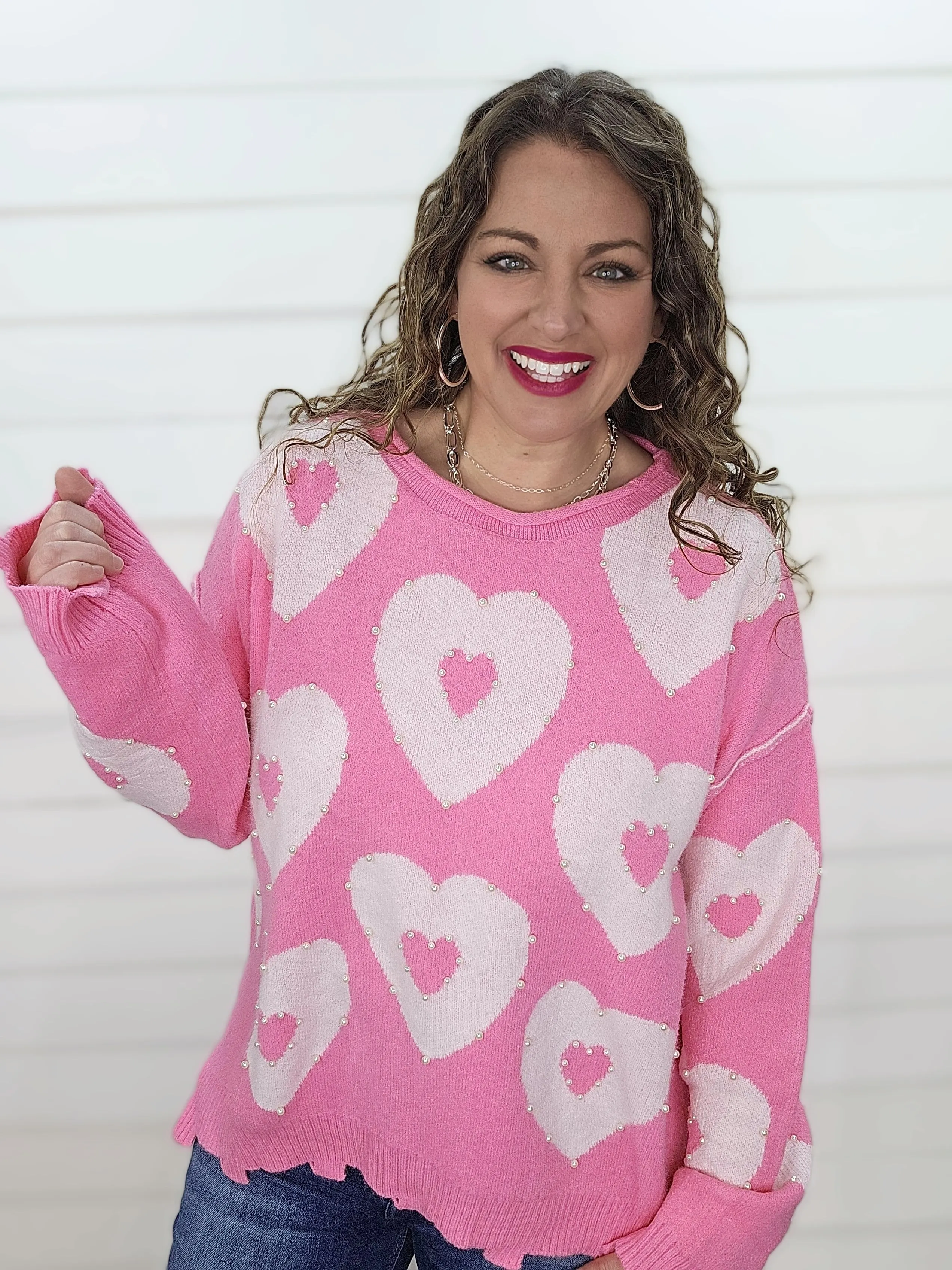 PINK HEART PEARL SWEATER