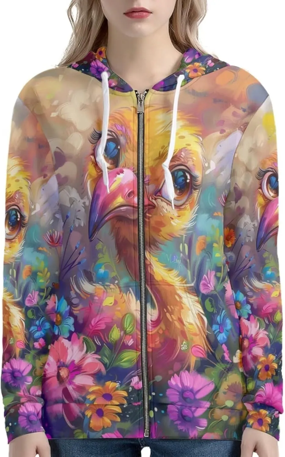 PinUp Angel Women Zip Up Hoodie Art Animal Oil Painting Graphic Oversized Hooded Sweatshirt Jacket Coats Streetwear